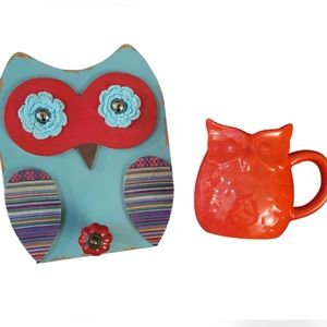 2pc Owl Wall Decor & Ceramic Mug in Red Teal